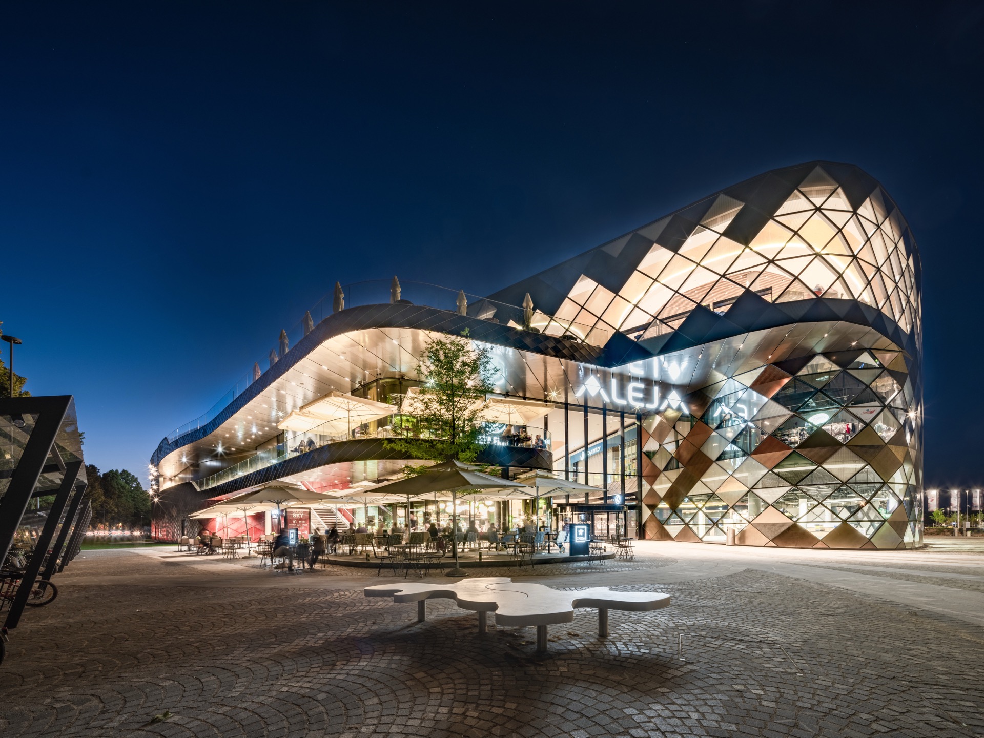 The illuminated facade at blue hour